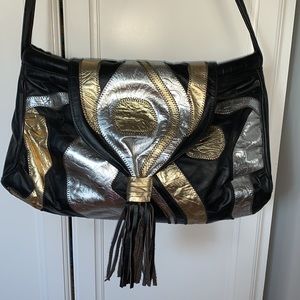 Vintage 80's metallic gold silver genuine black leather hobo patchwork handbag